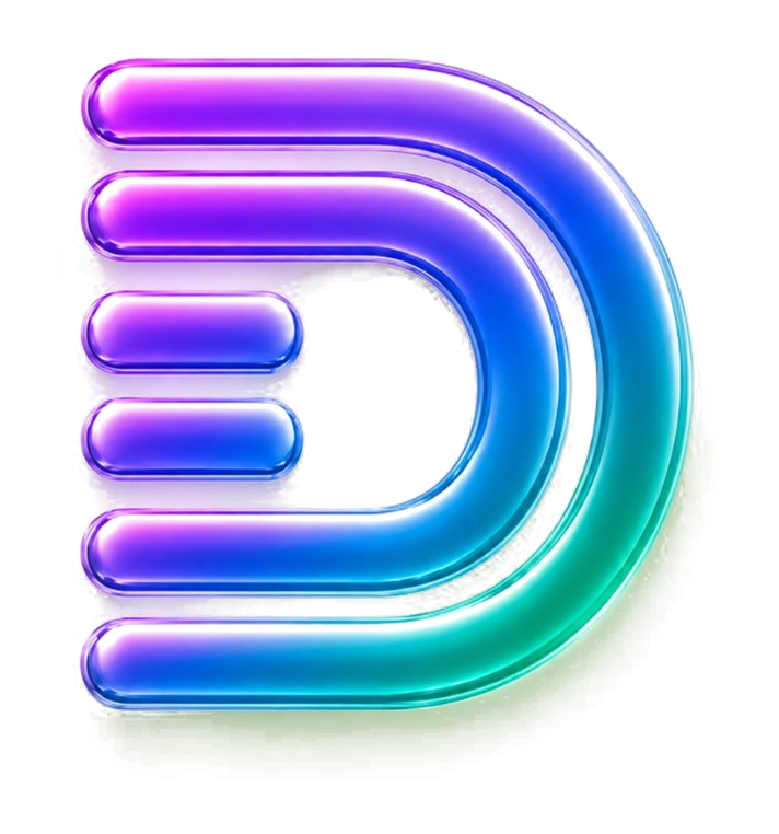 Purple, blue, and teal glass DebtCoin mark
